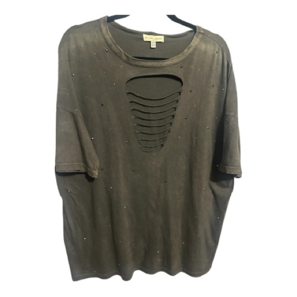 Rhinestone Studded Oversized Shirt, S/M, Distressed Brown